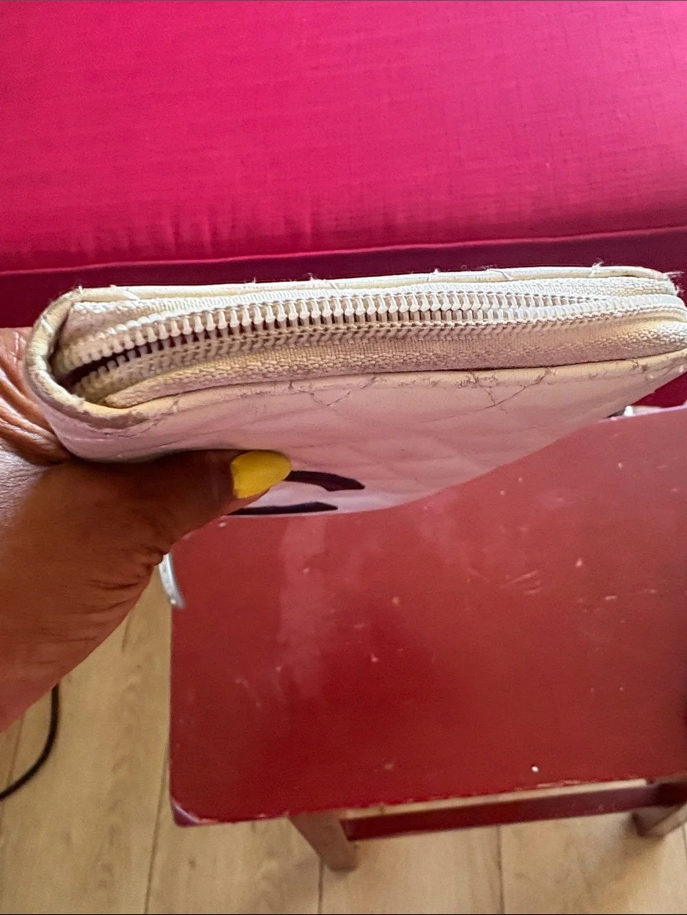 CHANEL Quilted Zip Wallet in Cream with Black CC